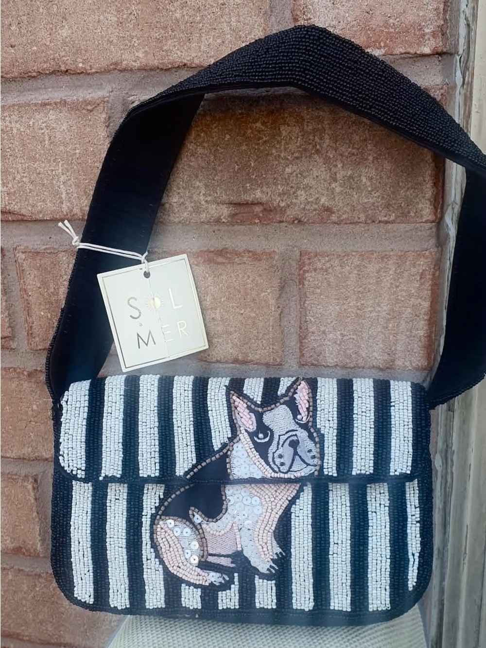 NWT SOL and Mer Black & White Beaded Dog Shoulder Bag